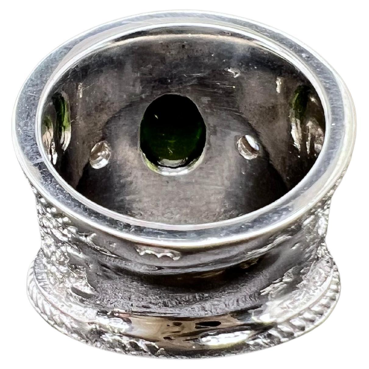 Contemporary 14k White Gold Green Cabochon Tourmaline Wild Ring with Diamonds For Sale
