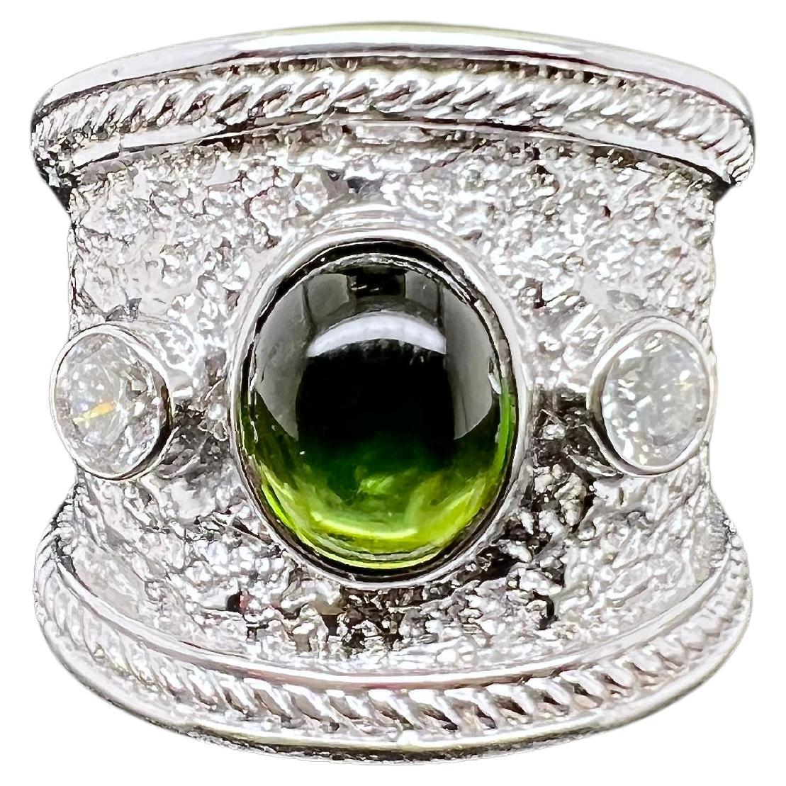 14k White Gold Green Cabochon Tourmaline Wild Ring with Diamonds For Sale