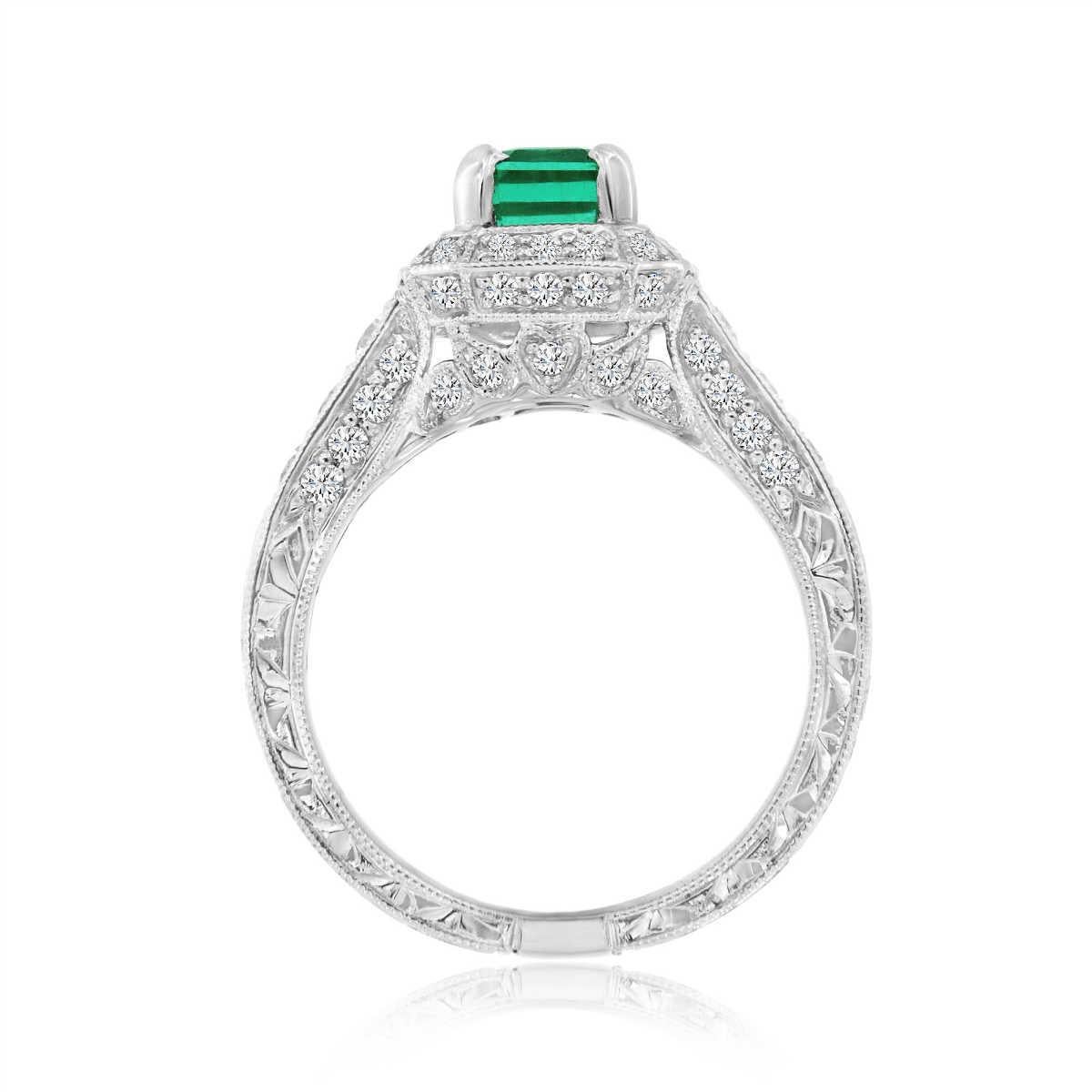 Emerald Cut 14 Karat White Gold Green Emerald Vintage Halo Diamond Ring 'Center, 1.43 Carat'