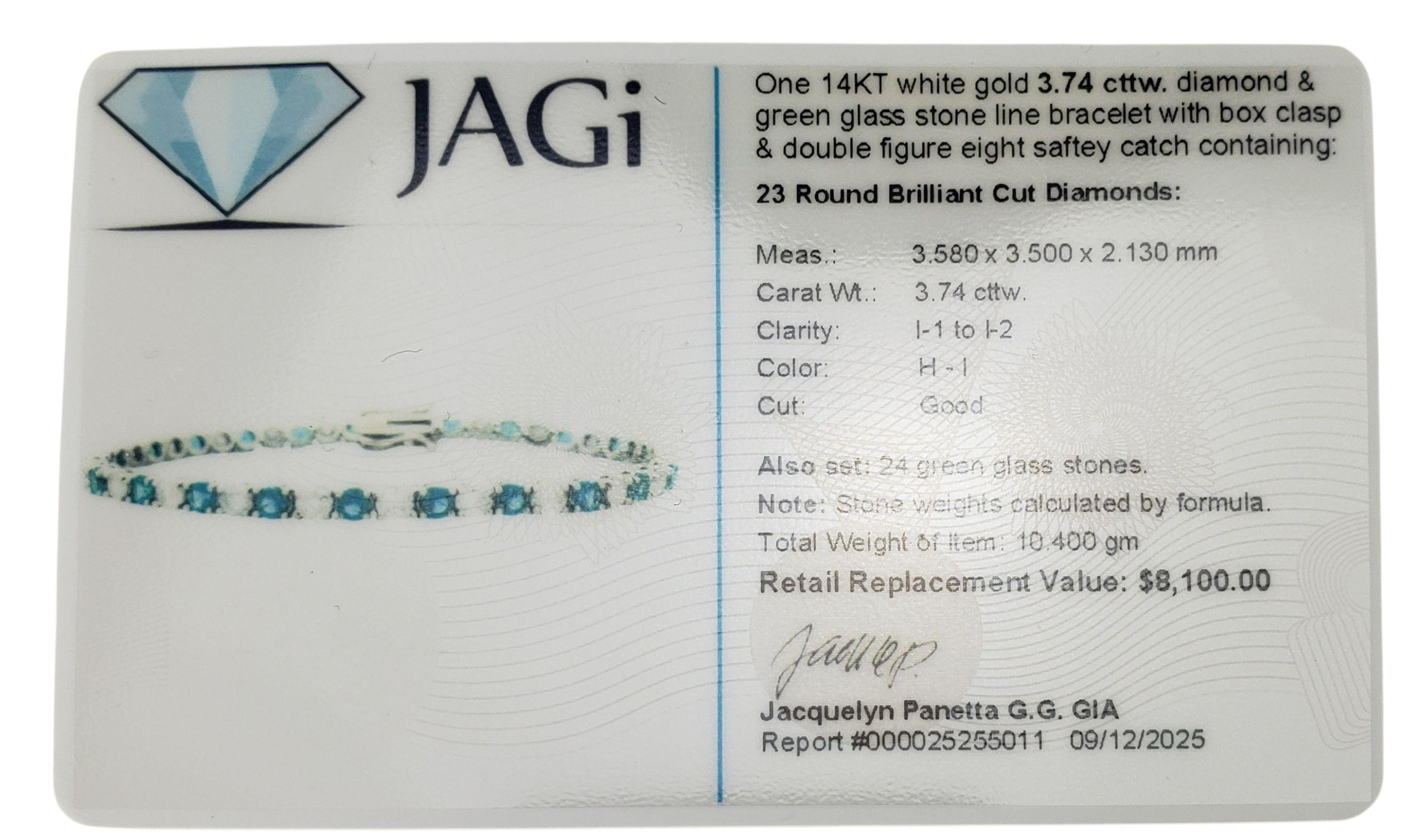 Pulsera de tenis de oro blanco de 14 quilates, cristal verde y diamantes  #23325 en venta 2