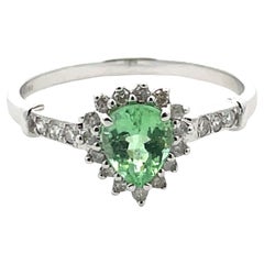 14K White Gold Green Paraiba Tourmaline & Diamond Pear Halo Ring