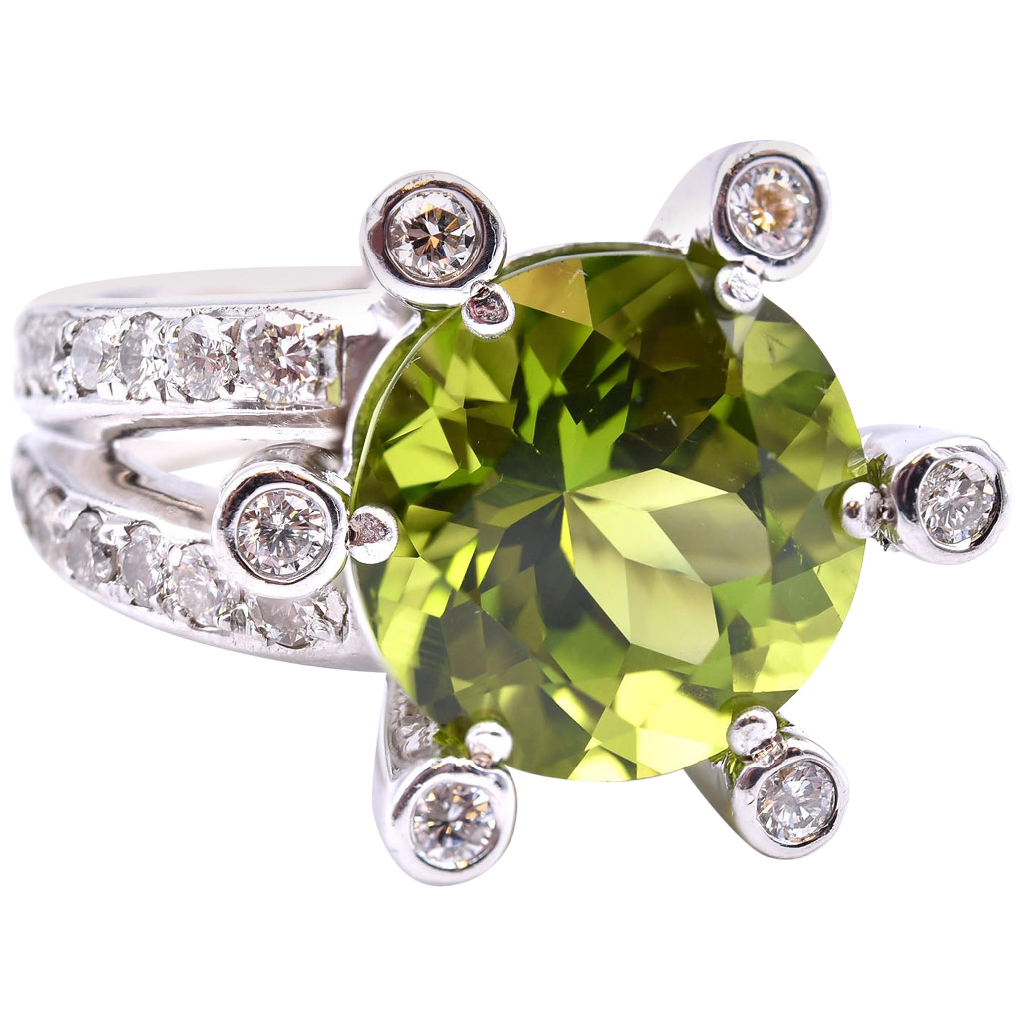 14 Karat White Gold Green Tourmaline and Diamond Prong Set Ring