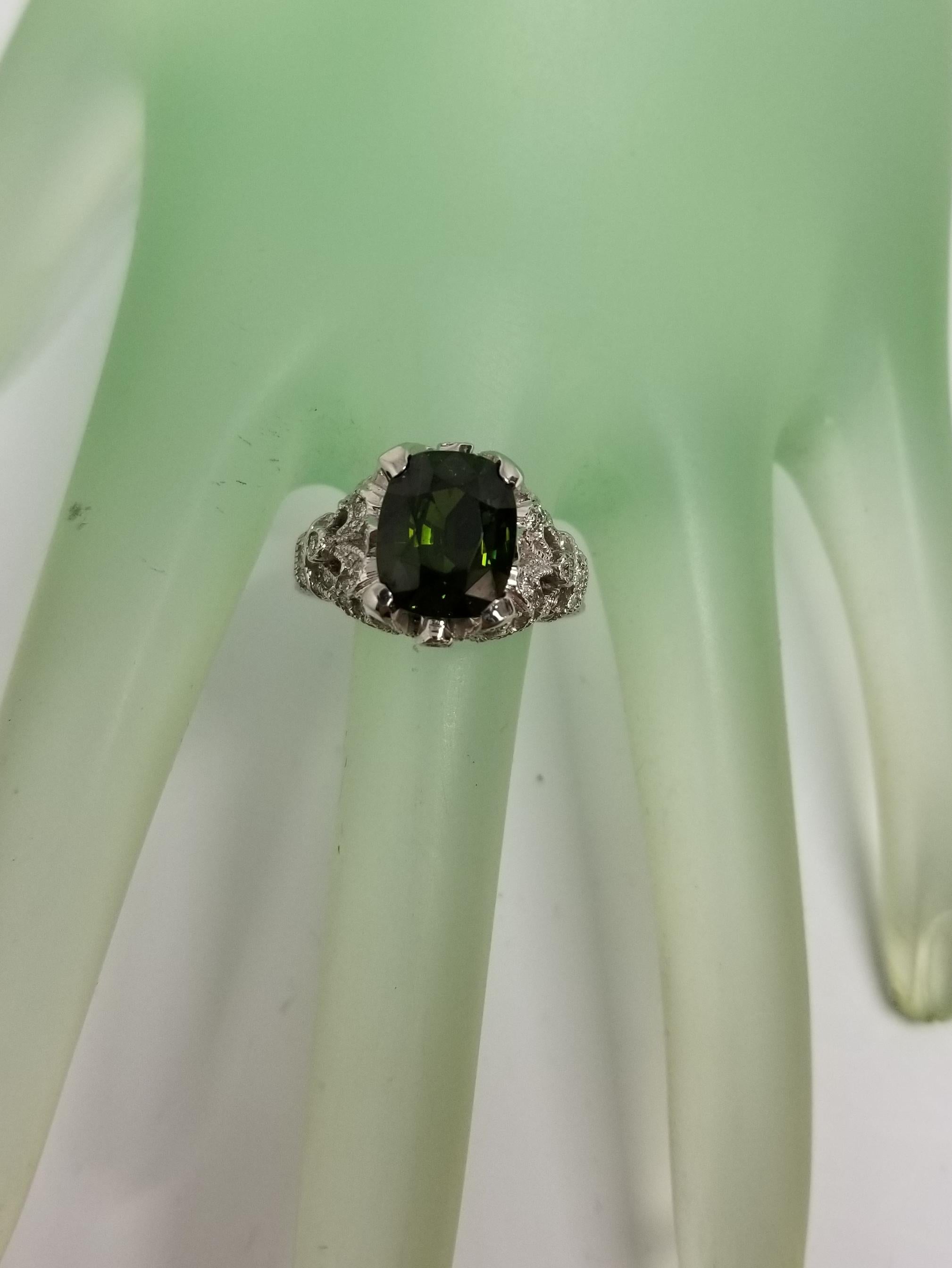 Women's 14 Karat White Gold Green Tourmaline and Diamond Ring For Sale