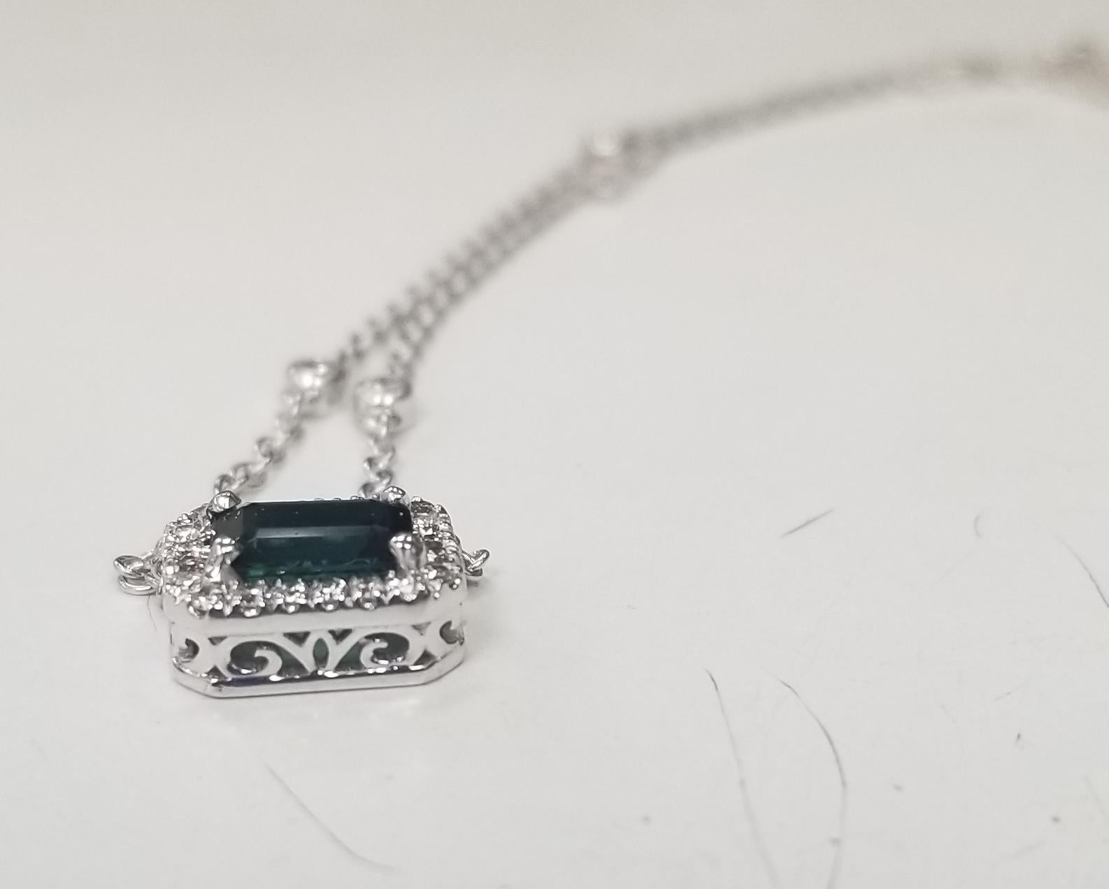 Contemporary 14k White Gold Green Tourmaline and Diamond with Diamonds by the Yard Necklace