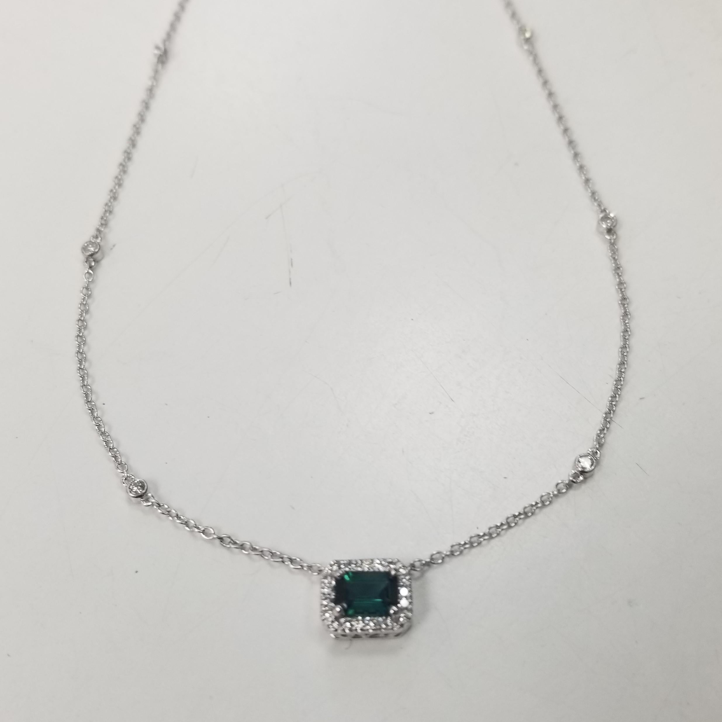 Women's or Men's 14k White Gold Green Tourmaline and Diamond with Diamonds by the Yard Necklace