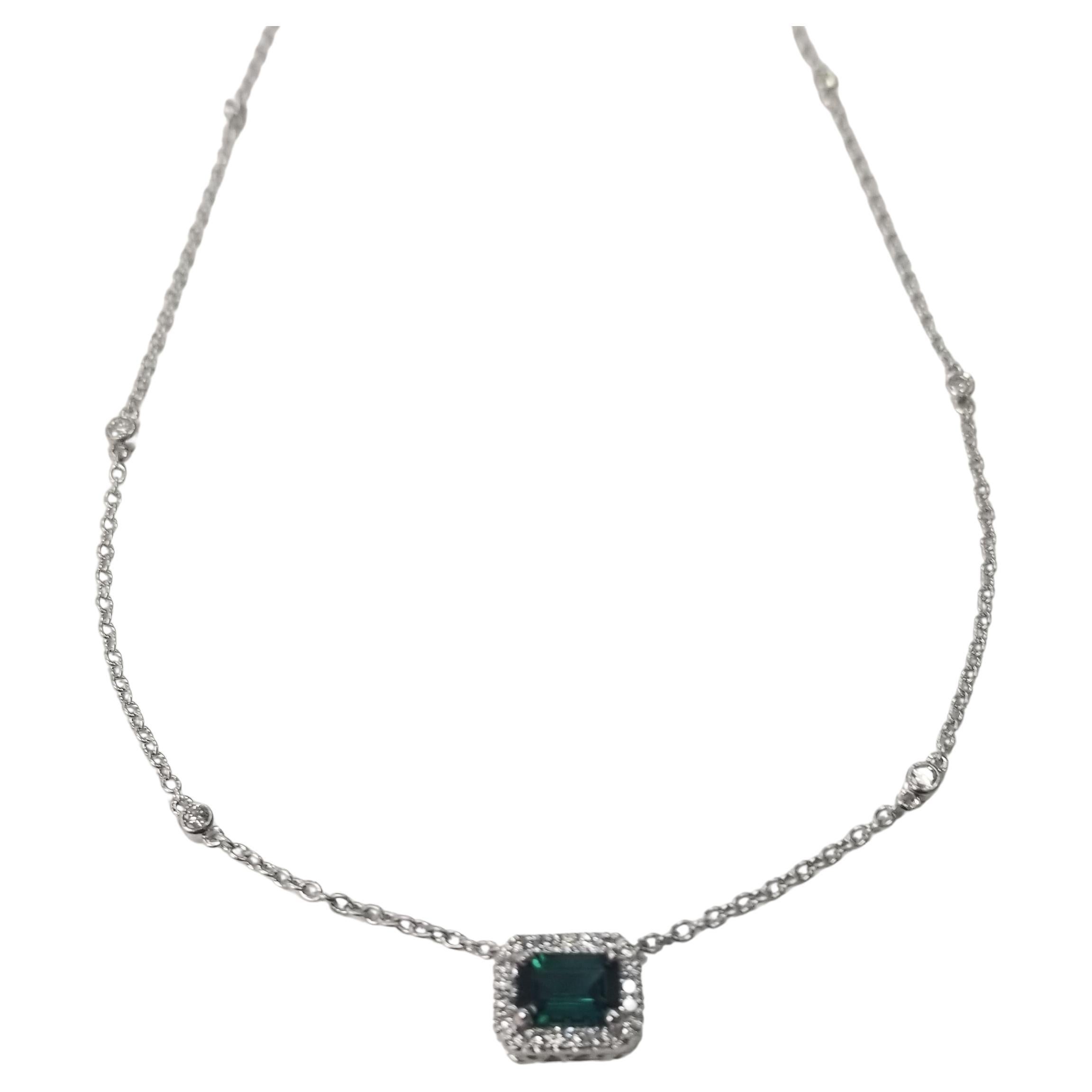 14k White Gold Green Tourmaline and Diamond with Diamonds by the Yard Necklace