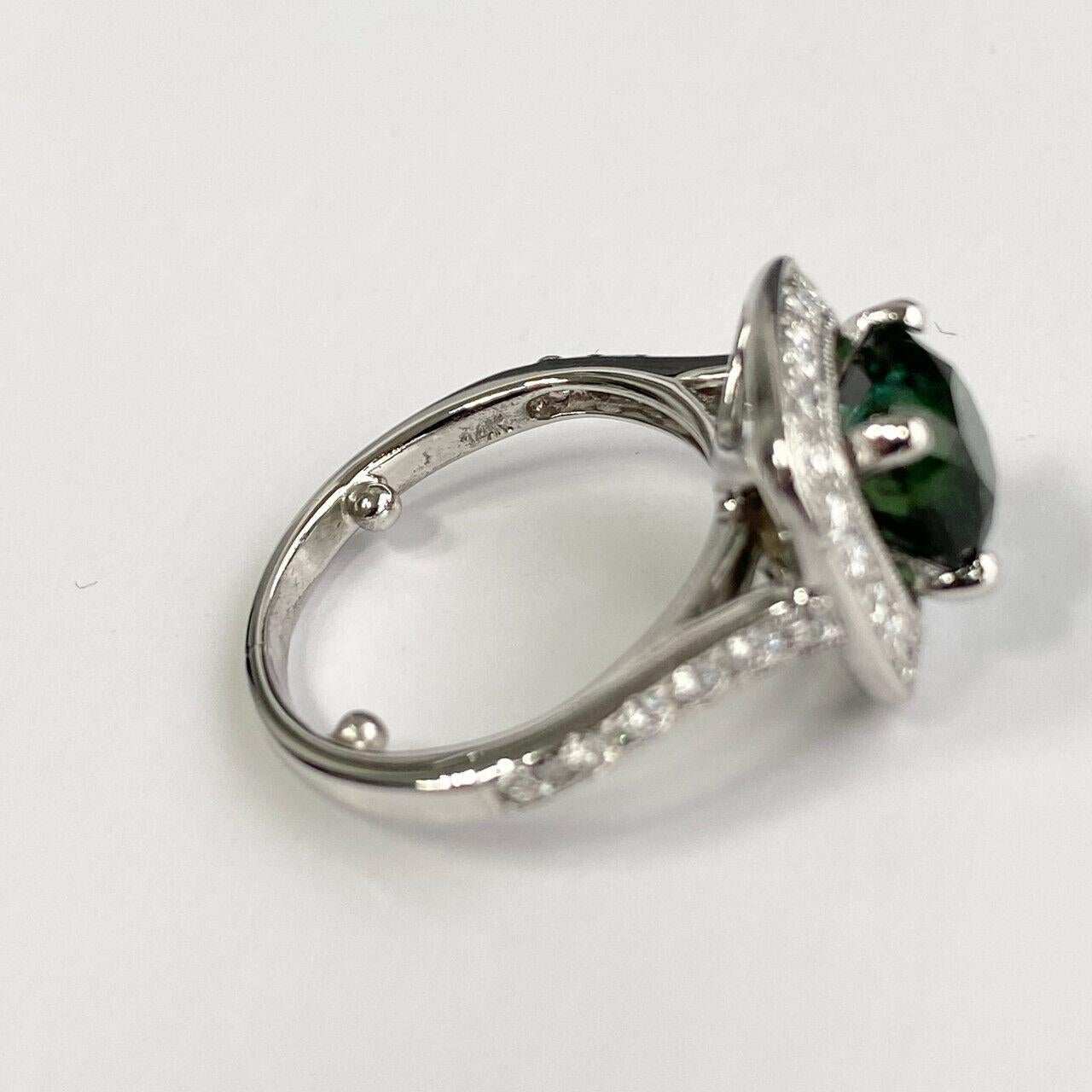 Emerald Cut 14k White Gold Green Tourmaline Halo Ring For Sale