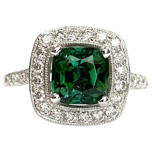 14k White Gold Green Tourmaline Halo Ring For Sale