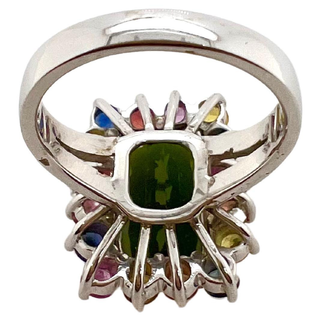 These multicolor sapphires surround this gorgeous green tourmaline ring in 14k white gold setting.  This bright, playful sapphires accentuate the green tourmaline for this beautiful ring!


Size: 6.75 / can be sized
Stone: Green Tourmaline 5.70