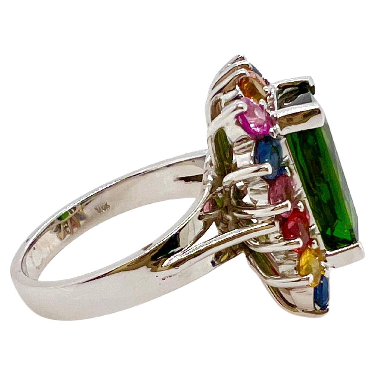Contemporary 14k White Gold Green Tourmaline with Multicolor Sapphires For Sale