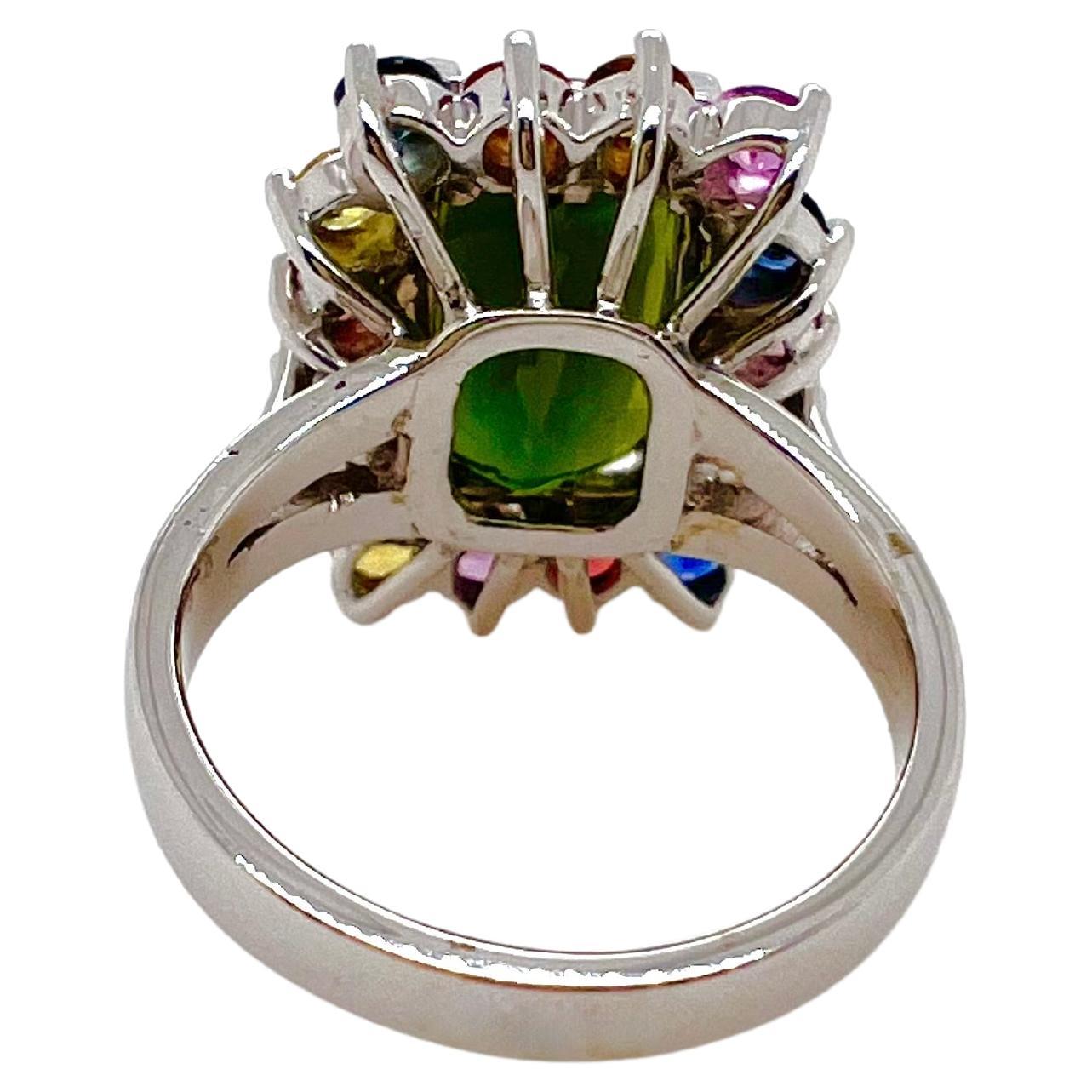 Emerald Cut 14k White Gold Green Tourmaline with Multicolor Sapphires For Sale