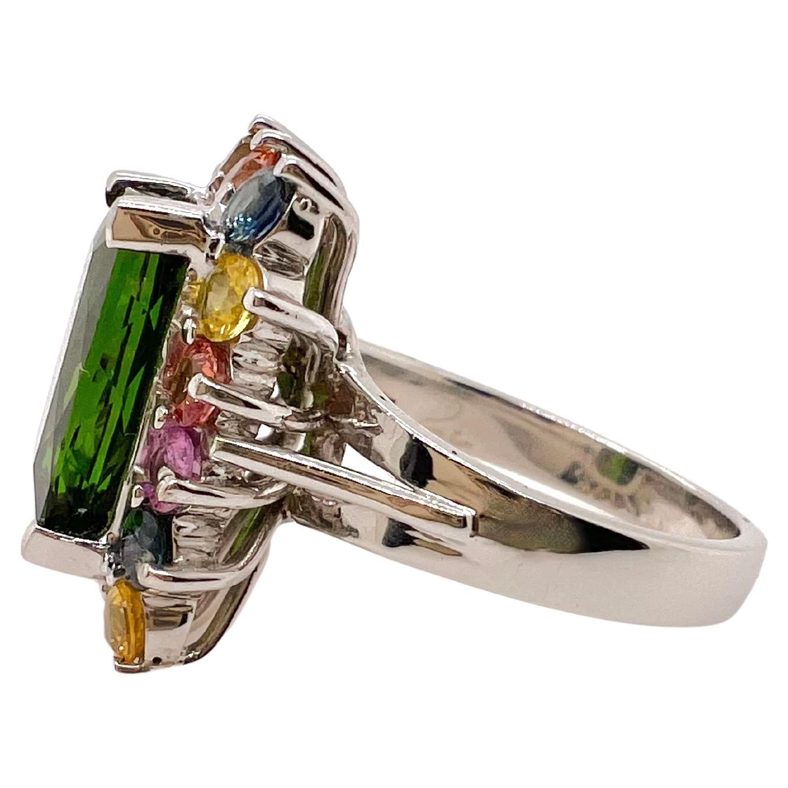 14k White Gold Green Tourmaline with Multicolor Sapphires In New Condition For Sale In Carrollton, TX