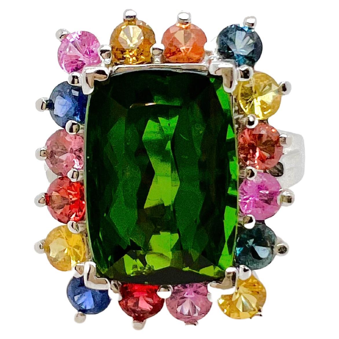 14k White Gold Green Tourmaline with Multicolor Sapphires For Sale