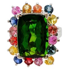 14k White Gold Green Tourmaline with Multicolor Sapphires