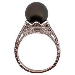 14K White Gold Grey Pearl and Diamond Ring