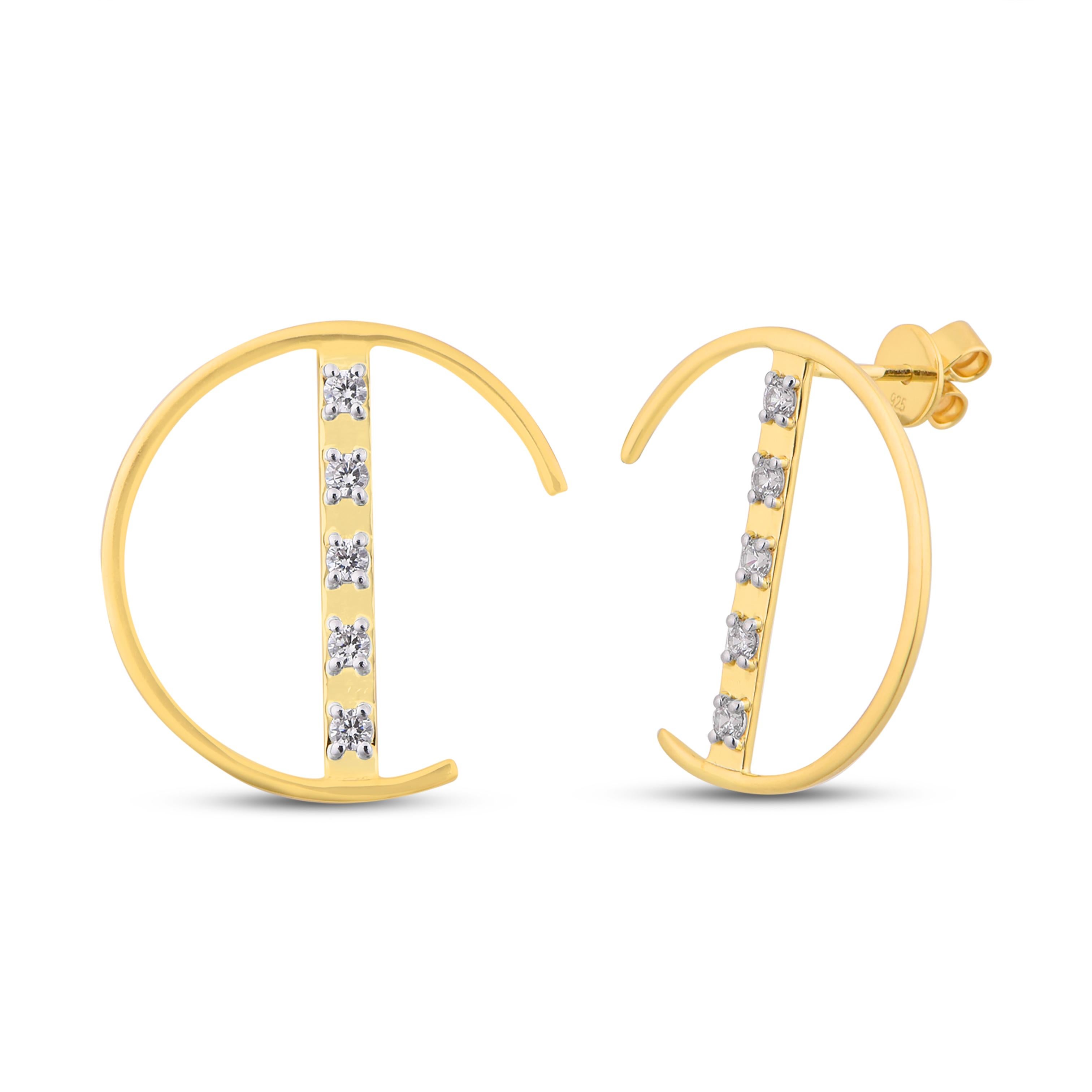 Women's 14K White Gold Half Circle Diamond Bar Stud Earrings For Sale