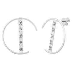 14K White Gold Half Circle Diamond Bar Stud Earrings