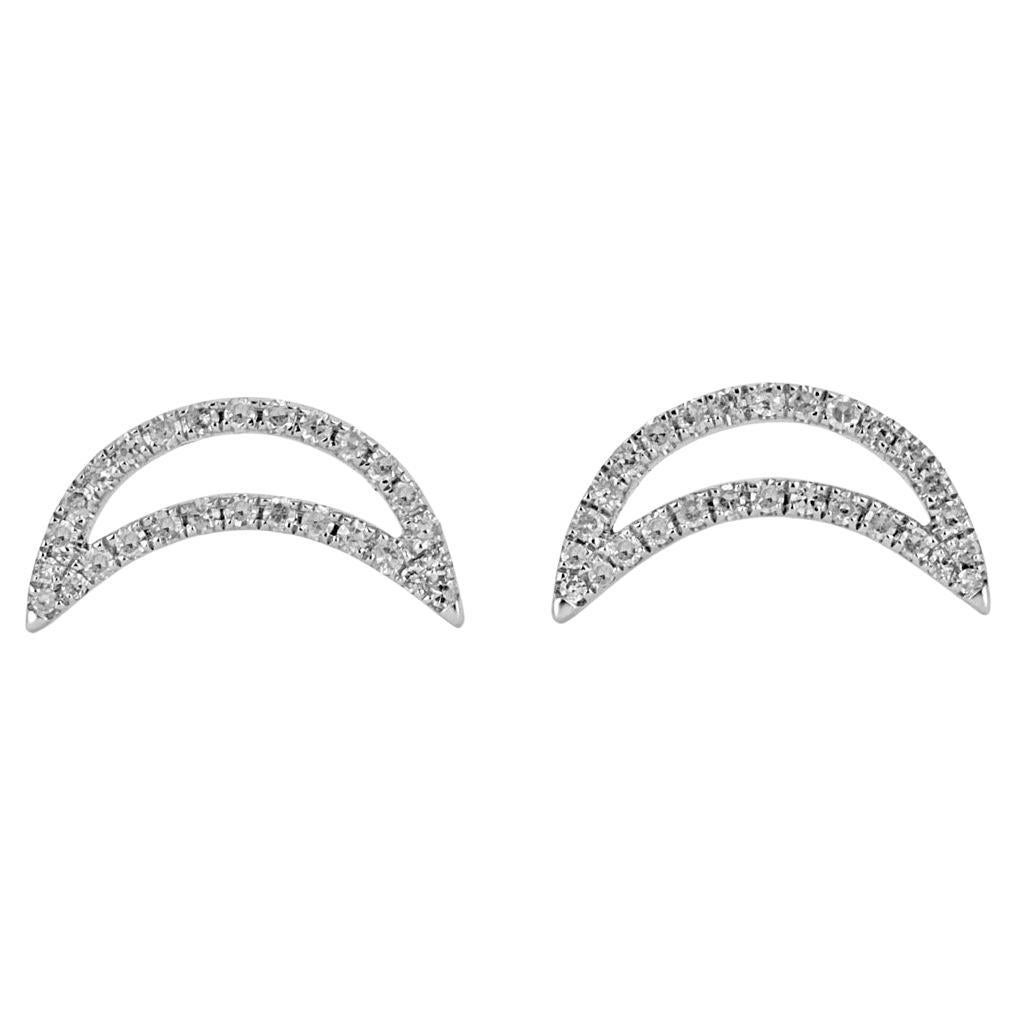 14K White Gold Half Moon Diamond Stud Earrings Hollow Half Moon Diamond Earring For Sale