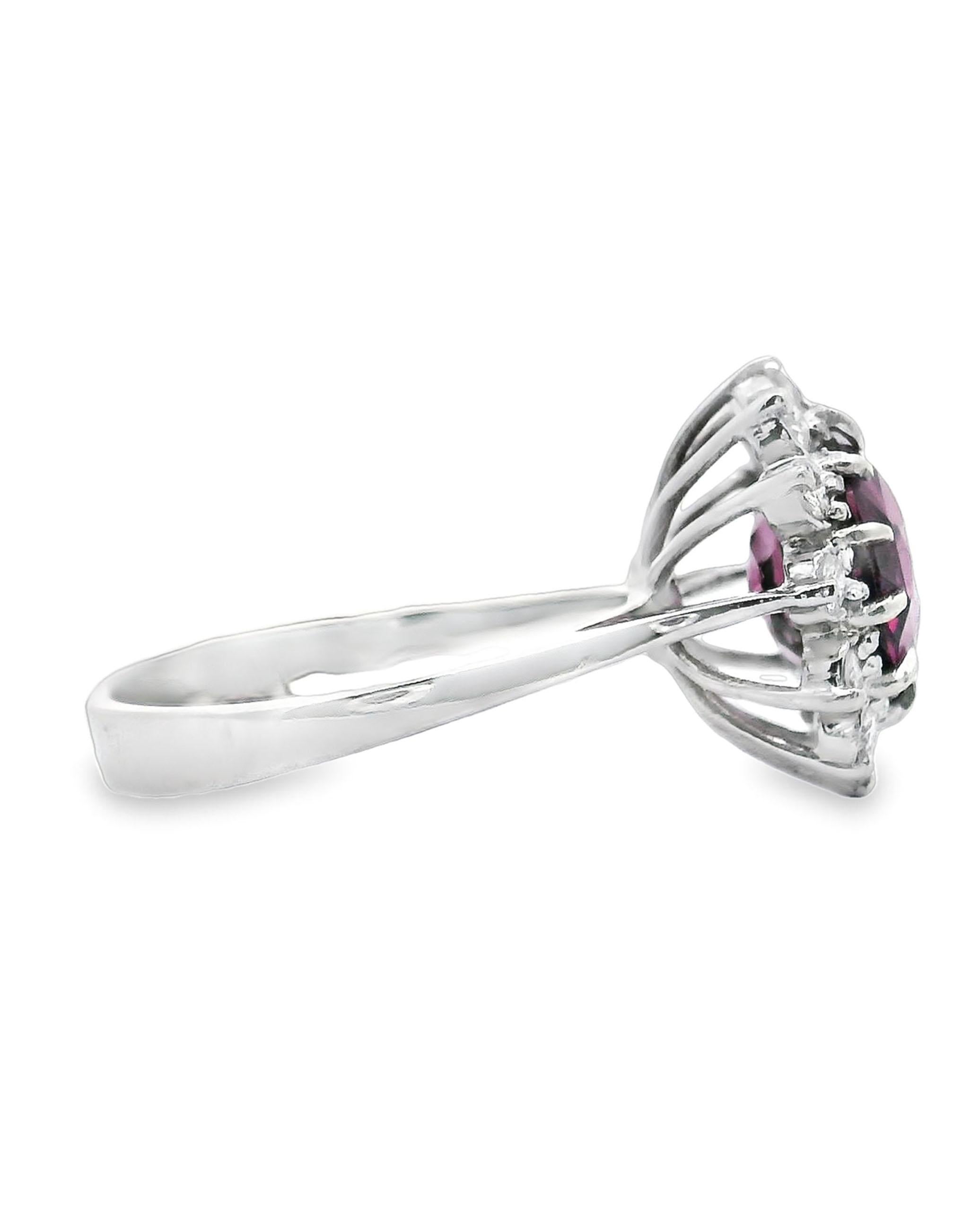 Contemporary 14K White Gold Halo Cocktail Ring with Rhodolite and Diamonds For Sale