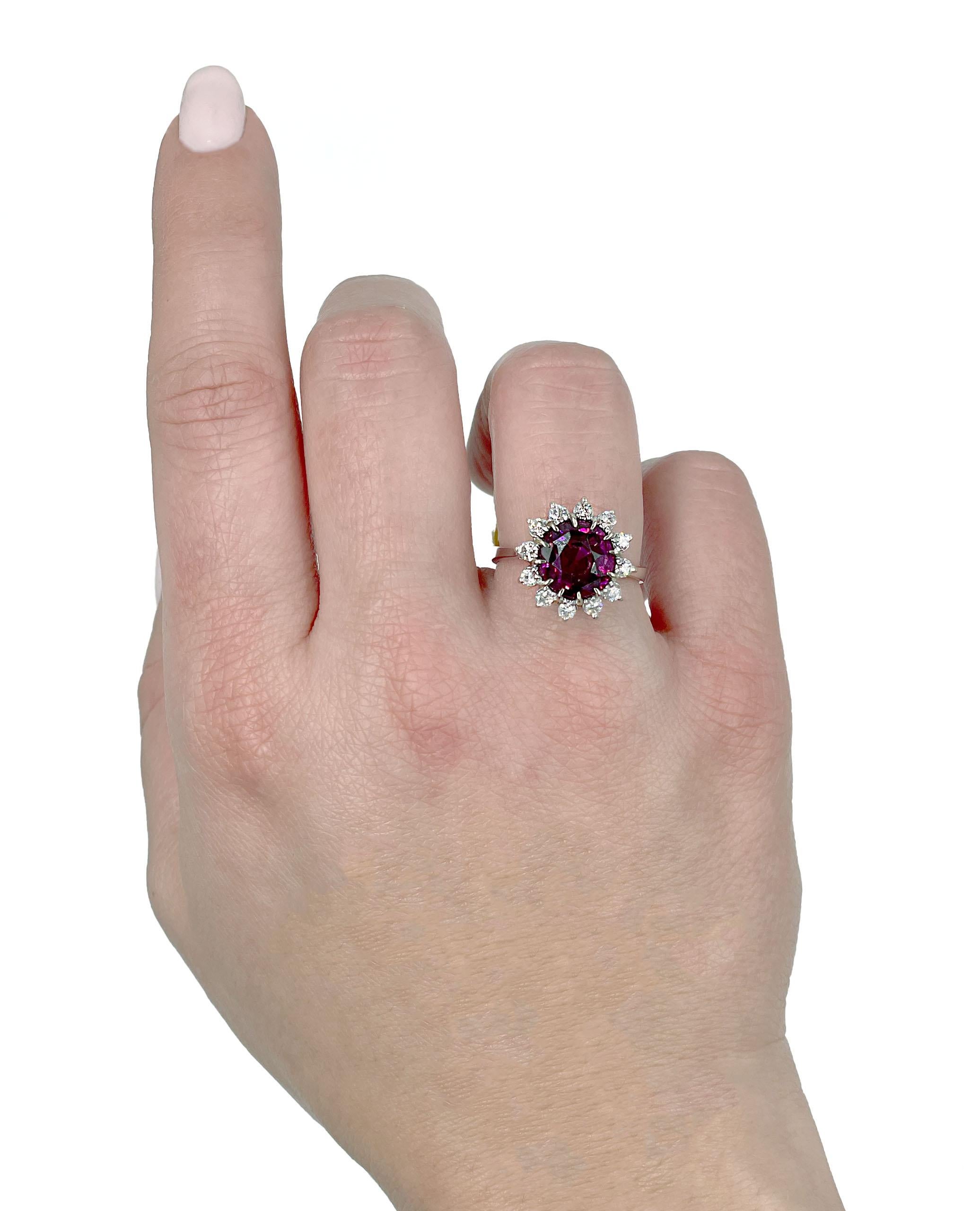 Round Cut 14K White Gold Halo Cocktail Ring with Rhodolite and Diamonds For Sale