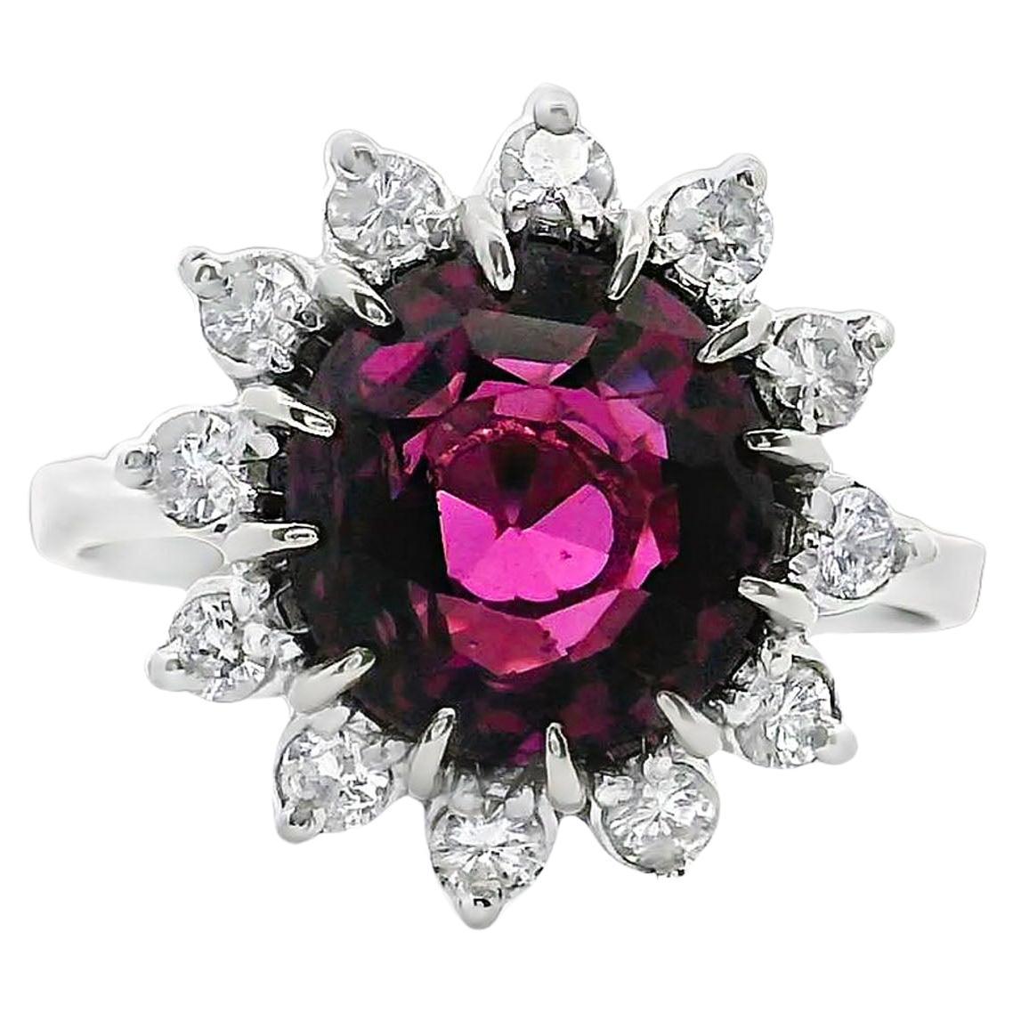 14K White Gold Halo Cocktail Ring with Rhodolite and Diamonds For Sale