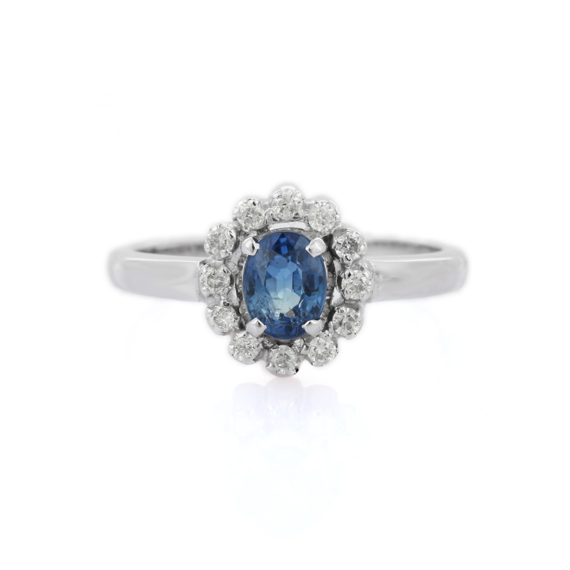 For Sale:  14K White Gold Halo Diamond and Sapphire Ring, Sapphire Diamond Halo Ring 2