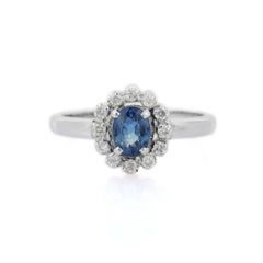 14K White Gold Halo Diamond and Sapphire Ring, Sapphire Diamond Halo Ring