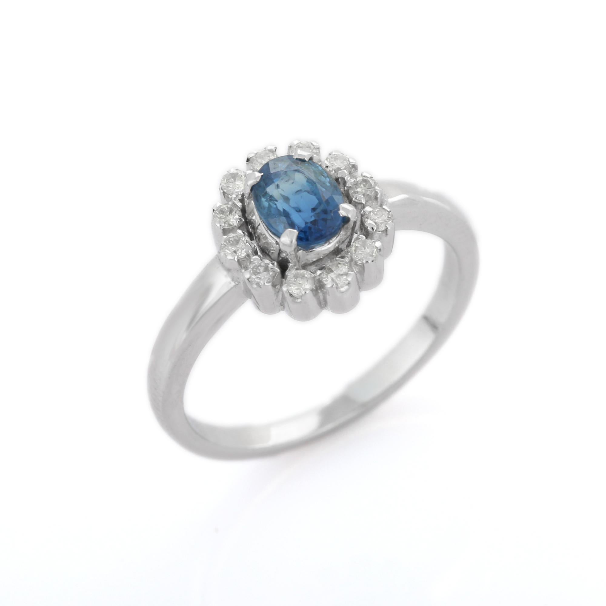 For Sale:  14K White Gold Halo Diamond and Sapphire Ring, Sapphire Diamond Halo Ring 5