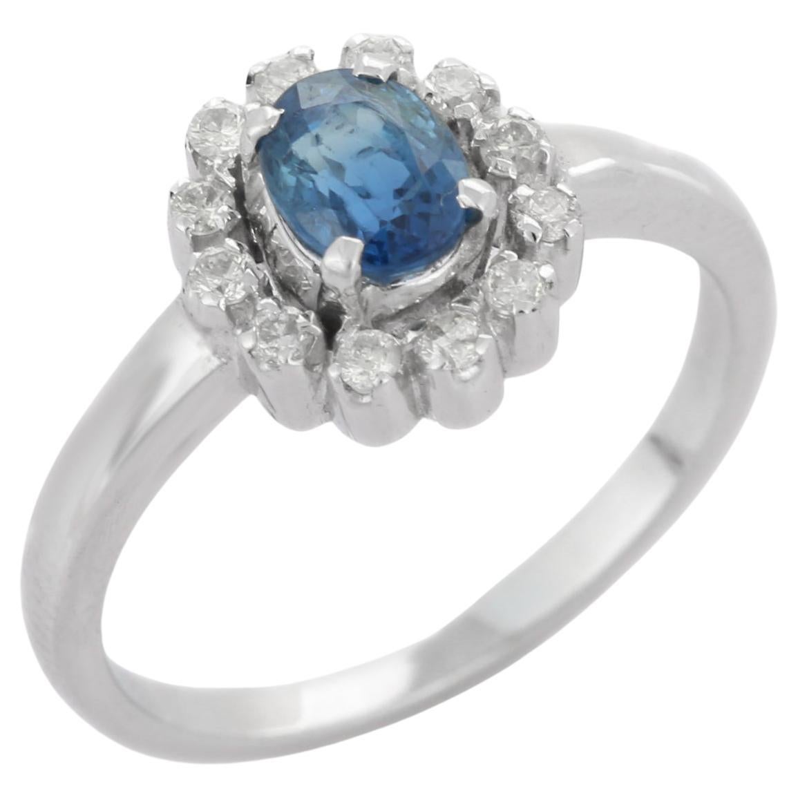 For Sale:  14K White Gold Halo Diamond and Sapphire Ring, Sapphire Diamond Halo Ring