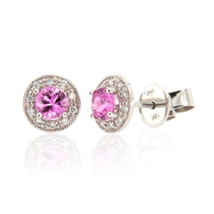 14 Karat White Gold Halo Diamond and Pink Sapphires Earrings '3/4 Carat'