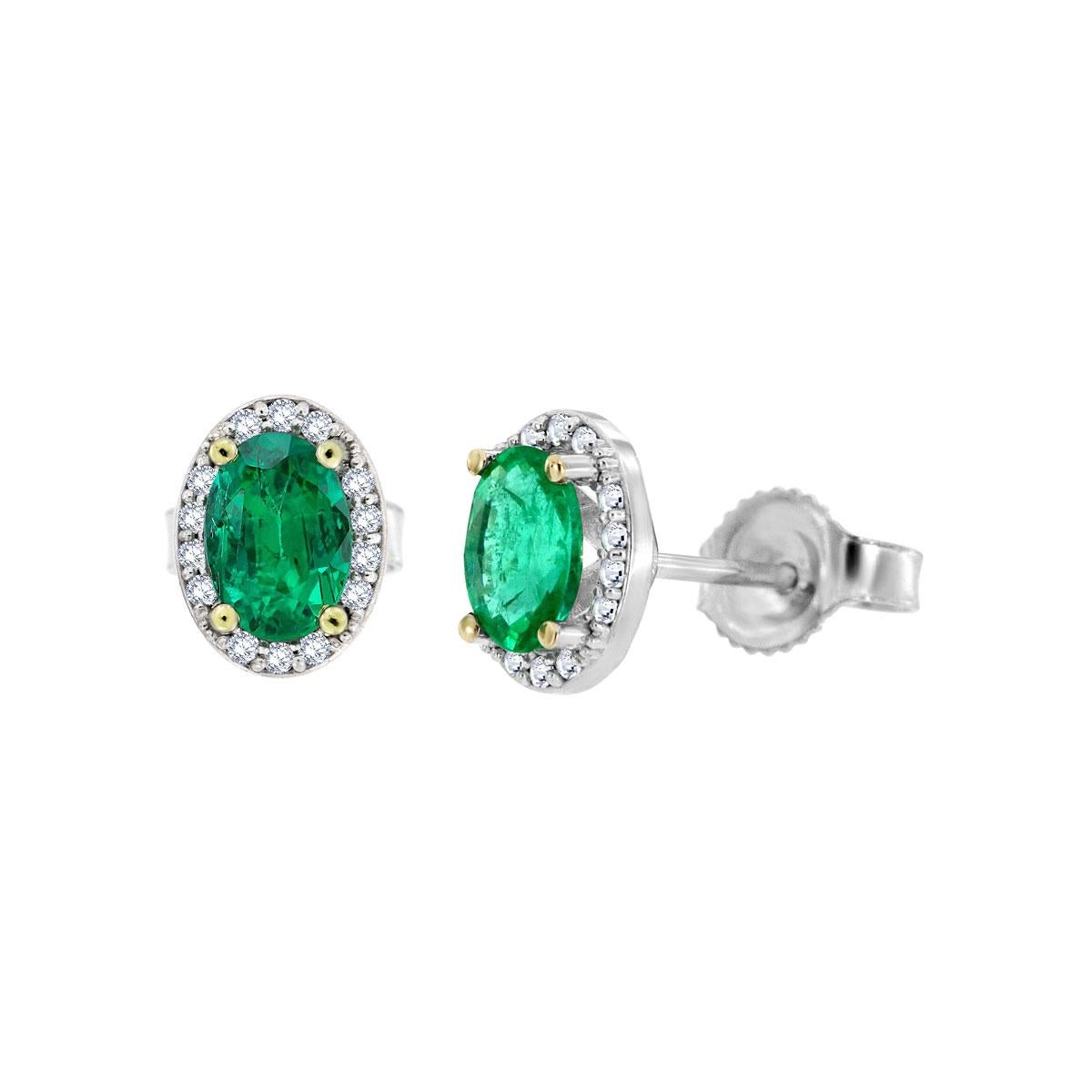 Round Cut 14 Karat White Gold Halo Diamonds and Emeralds Earrings '4/5 Carat' For Sale