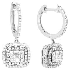 14k White Gold Halo Drop Diamond Earrings