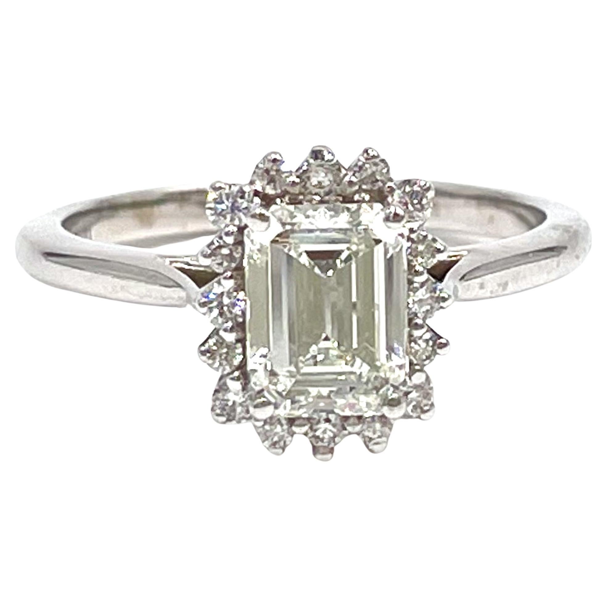 14k White Gold Halo Emerald Cut Engagement Ring For Sale