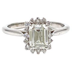 Used 14k White Gold Halo Emerald Cut Engagement Ring