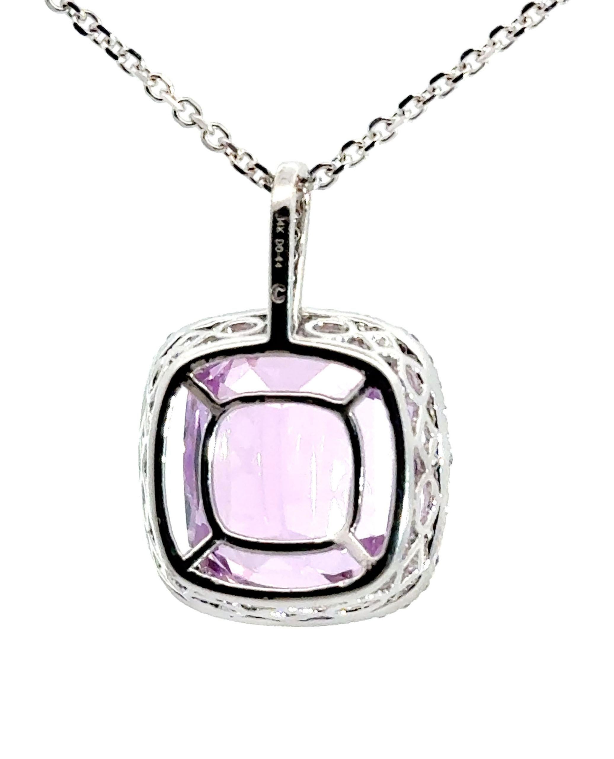 Contemporary 14K White Gold Halo Necklace with Kunzite and Diamonds For Sale