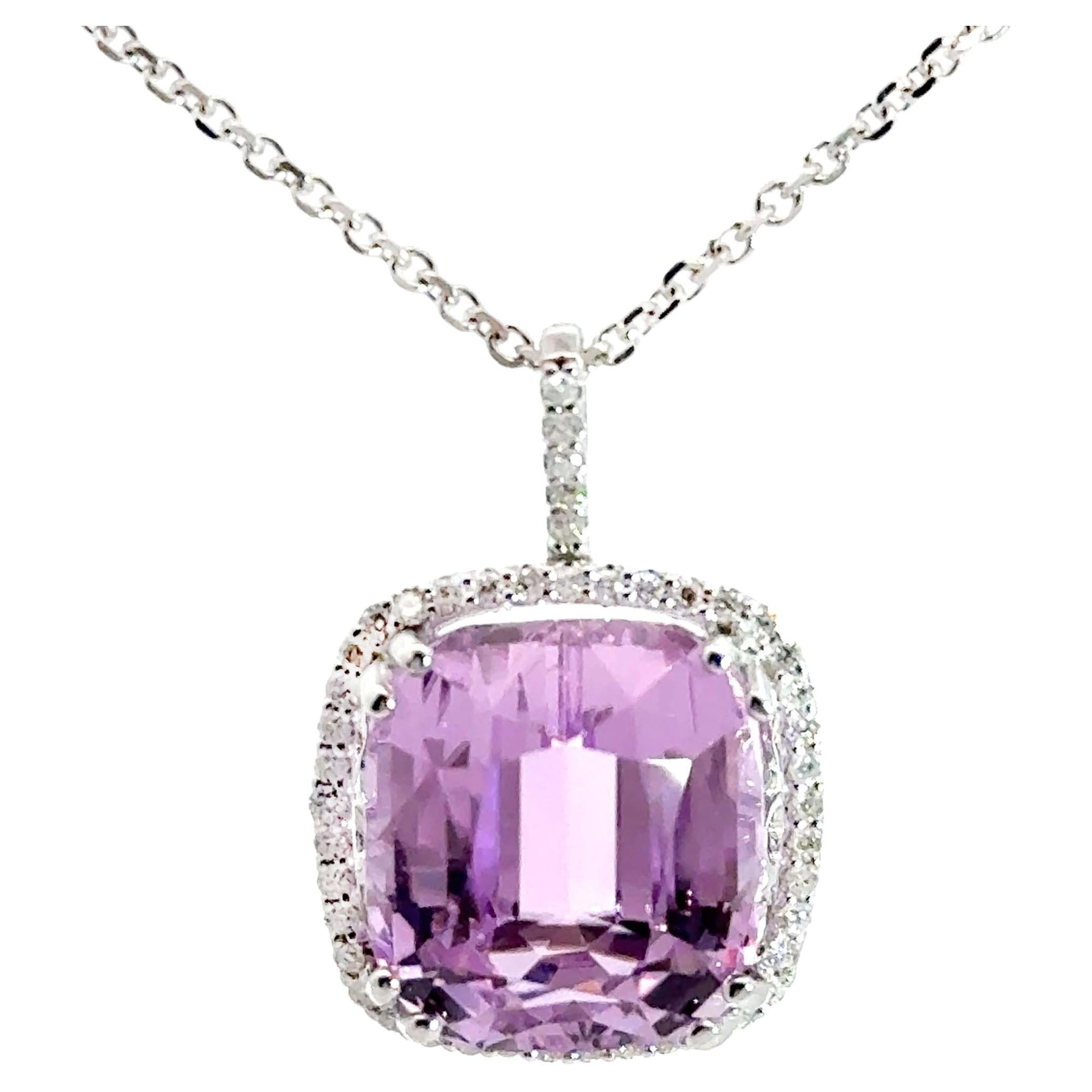 14K White Gold Halo Necklace with Kunzite and Diamonds For Sale