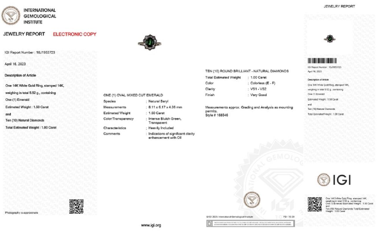 14k White Gold Halo Ring w/ 2.5 Ct Emerald and Natural Diamonds IGI Certificate 5