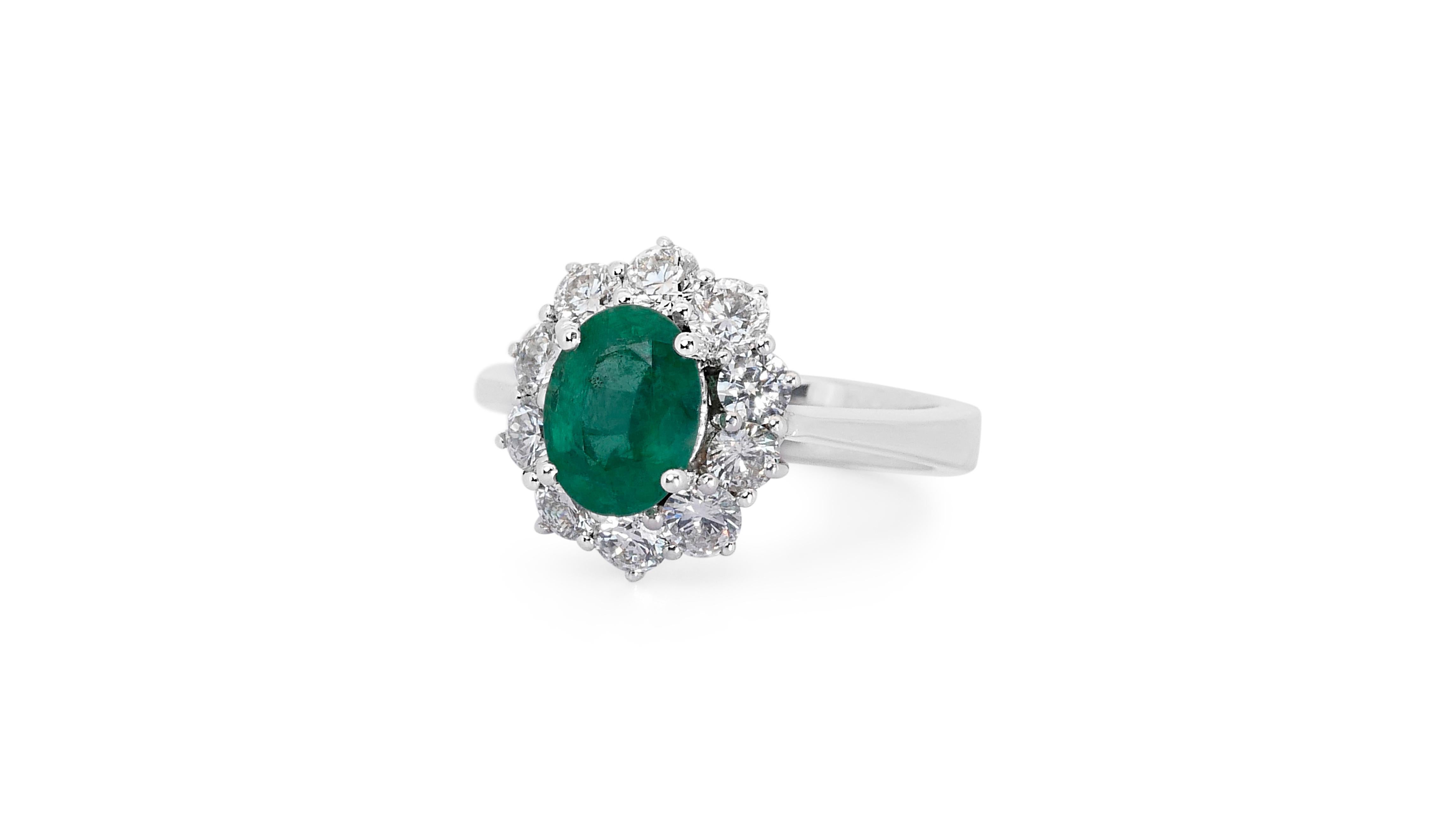 Oval Cut 14k White Gold Halo Ring w/ 2.5 Ct Emerald and Natural Diamonds IGI Certificate