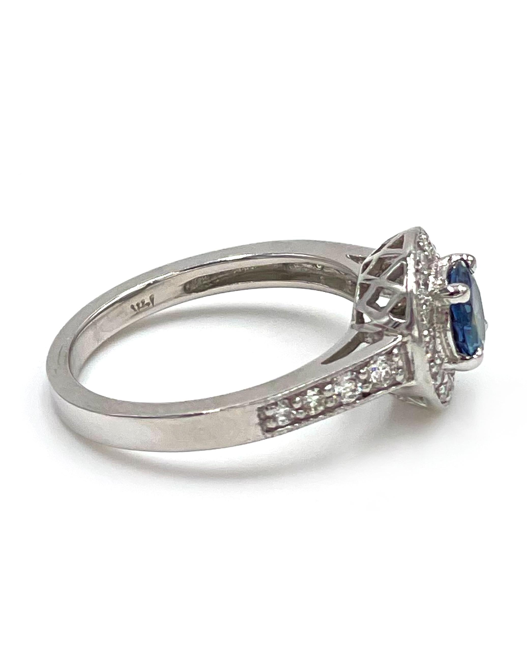 Contemporary 14K White Gold Halo Ring with Sapphire and Diamonds For Sale