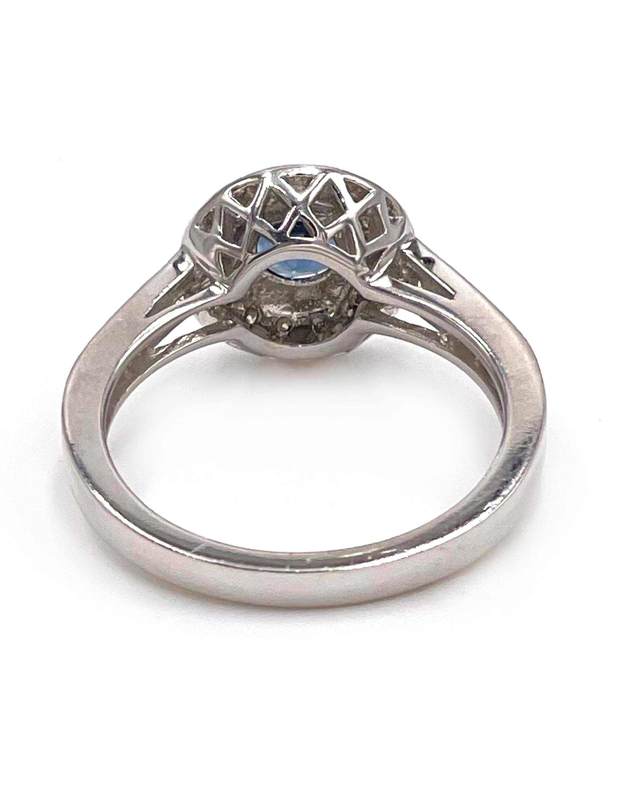 Round Cut 14K White Gold Halo Ring with Sapphire and Diamonds For Sale