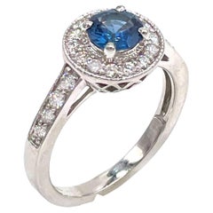 14K White Gold Halo Ring with Sapphire and Diamonds