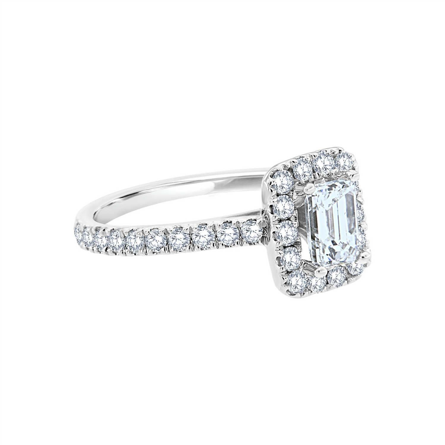 Emerald Cut 14K White Gold Halo Style Emerald Shape Diamond Ring, Center -0.96 Carat GIA