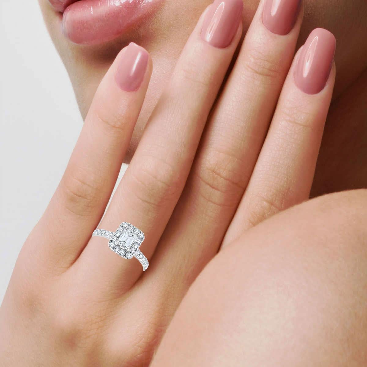 Women's 14K White Gold Halo Style Emerald Shape Diamond Ring, Center -0.96 Carat GIA