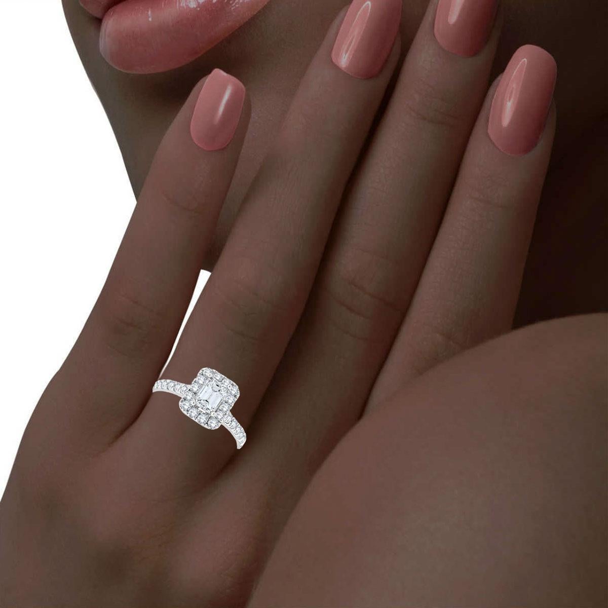 14K White Gold Halo Style Emerald Shape Diamond Ring, Center -0.96 Carat GIA 1