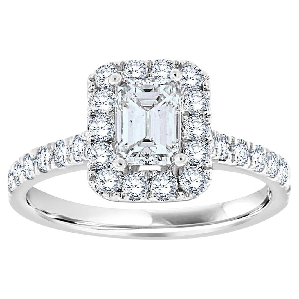 14K White Gold Halo Style Emerald Shape Diamond Ring, Center -0.96 Carat GIA