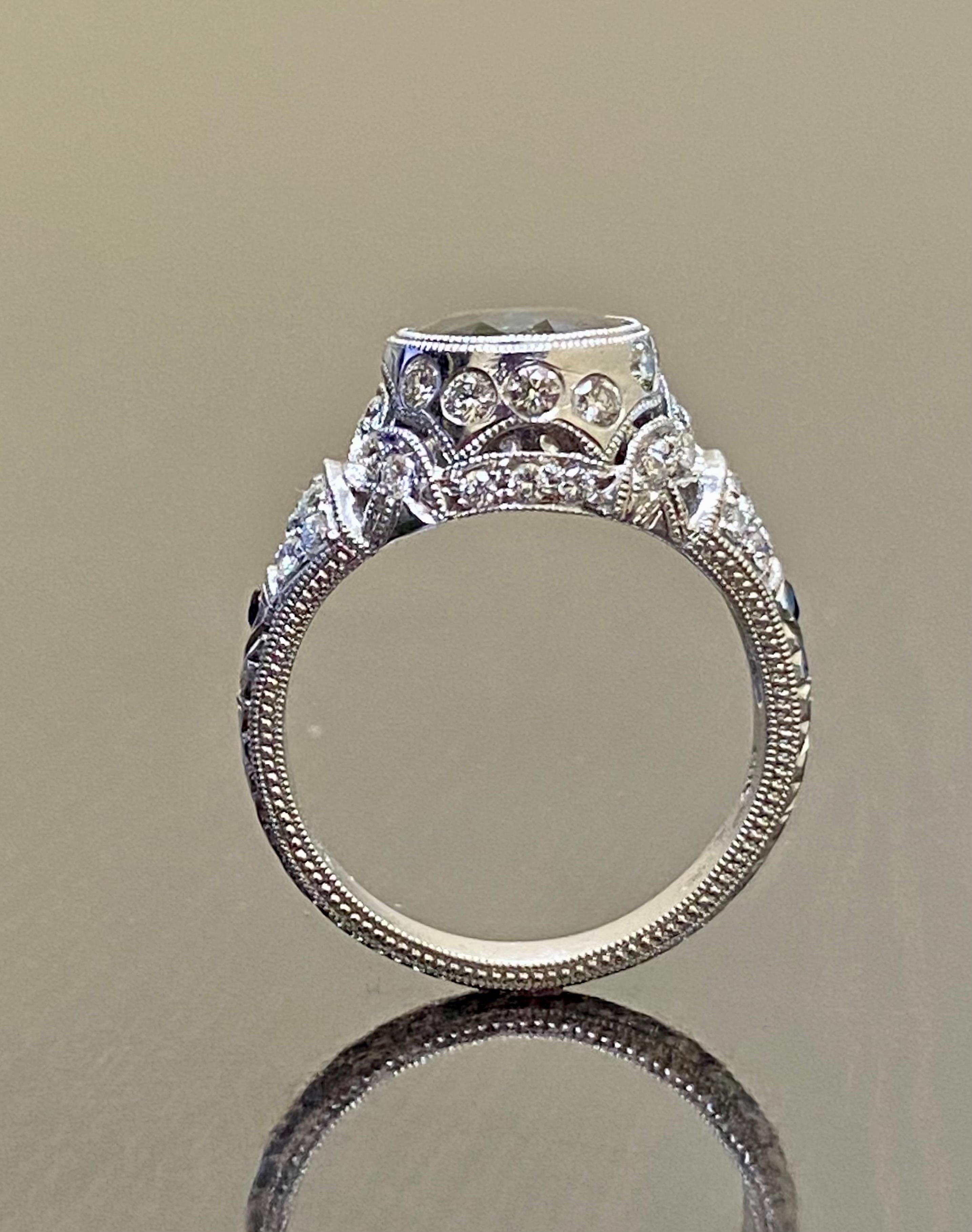 14K White Gold Hand Engraved 2.25 Round Peacock Sapphire Engagement Ring For Sale 4