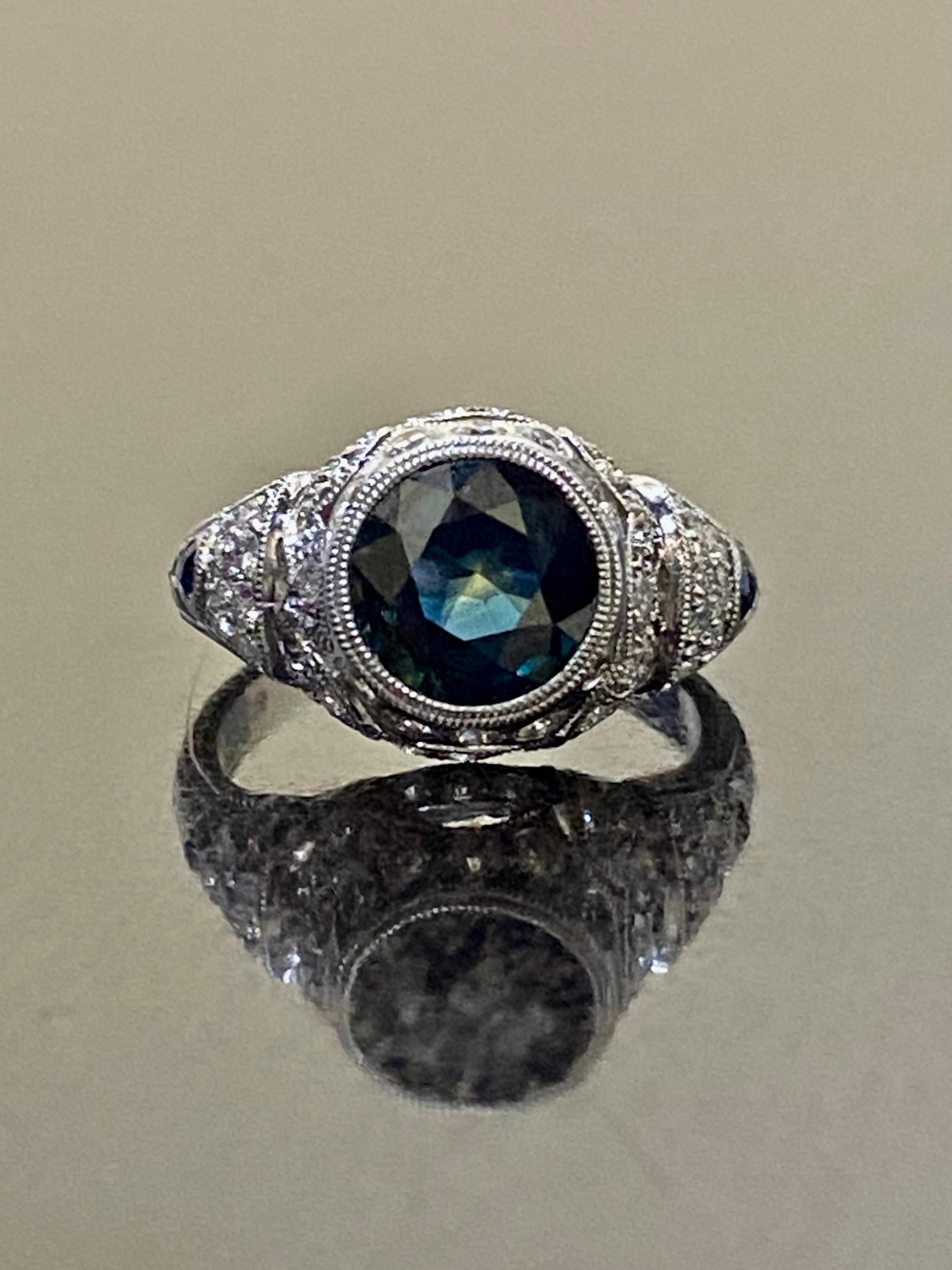 14K White Gold Hand Engraved 2.25 Round Peacock Sapphire Engagement Ring For Sale 5