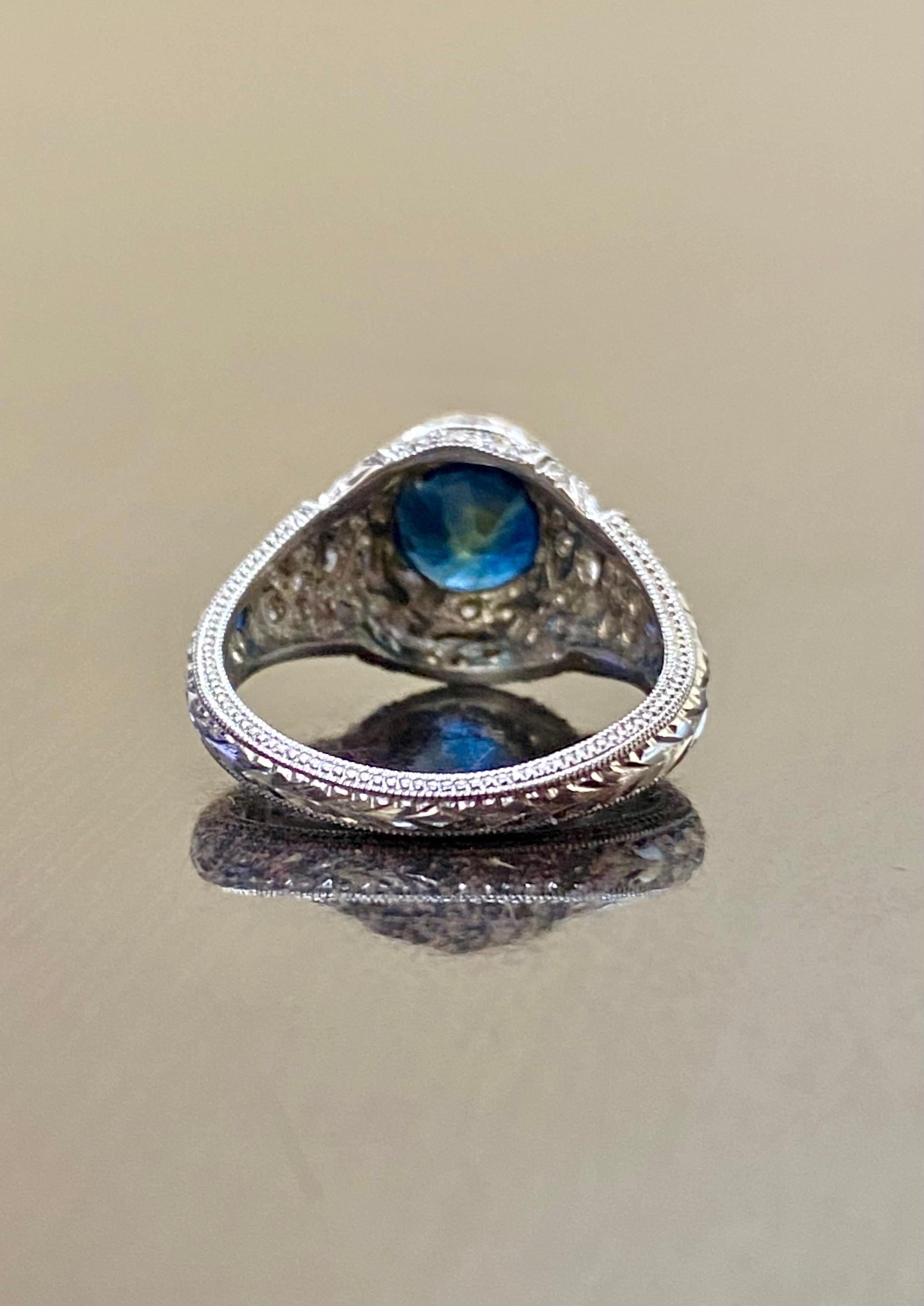 Art Deco 14K White Gold Hand Engraved 2.25 Round Peacock Sapphire Engagement Ring For Sale