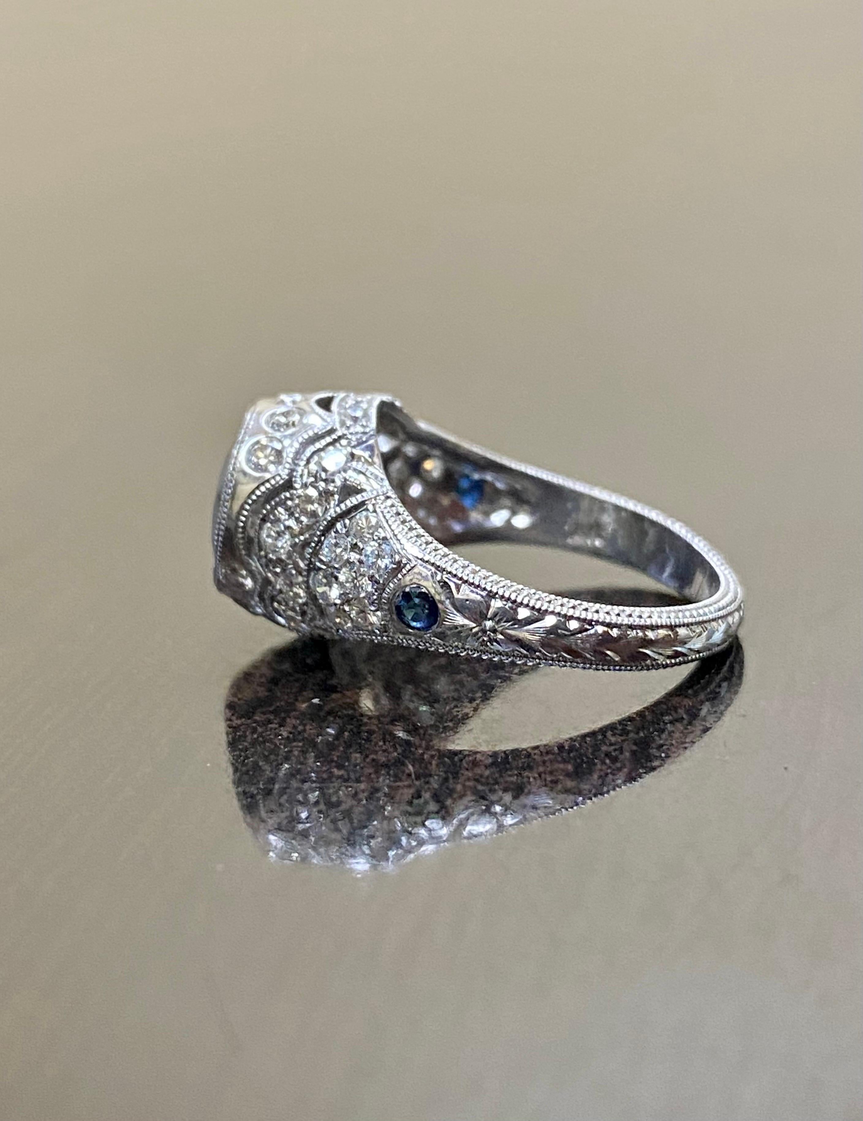Round Cut 14K White Gold Hand Engraved 2.25 Round Peacock Sapphire Engagement Ring For Sale