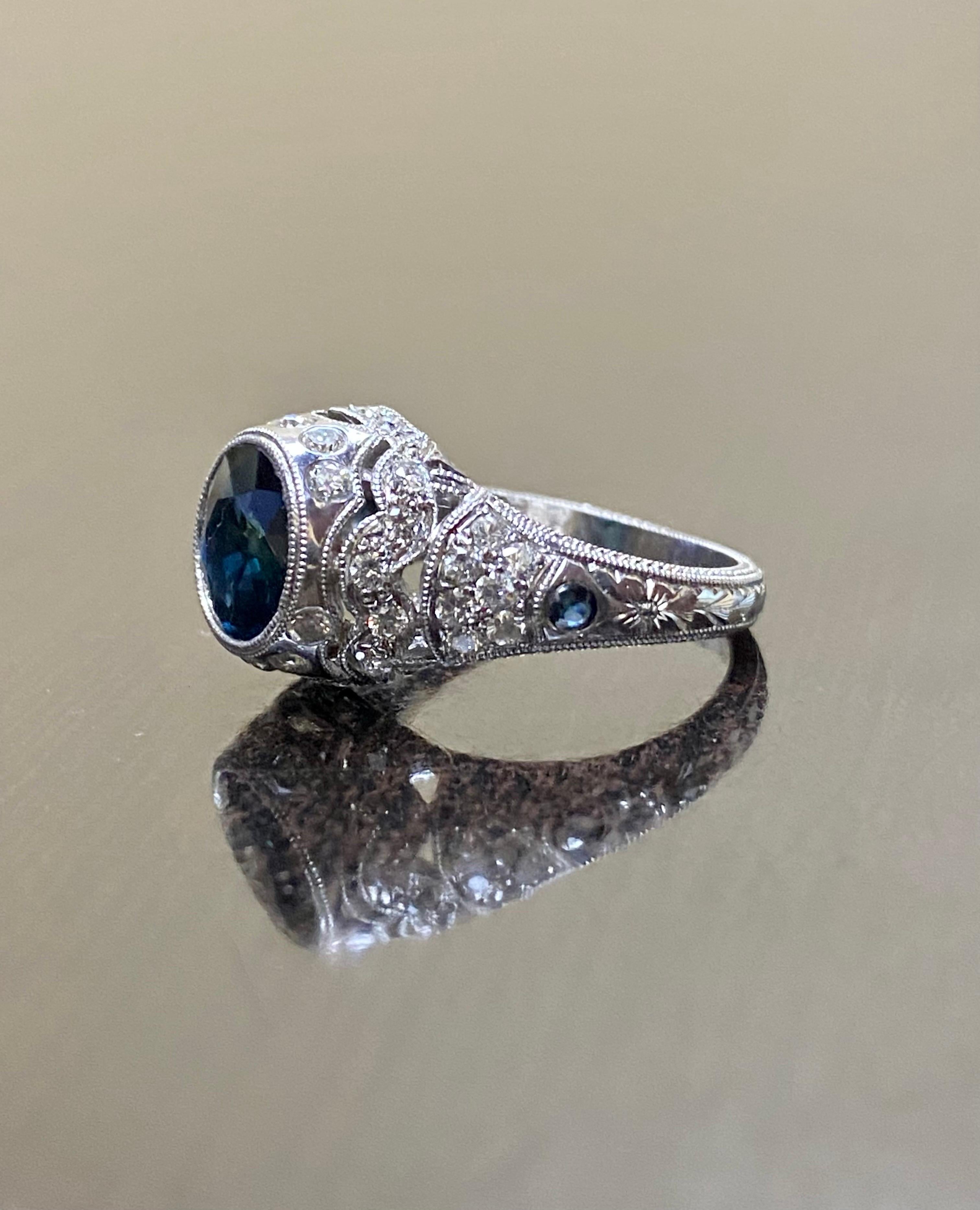 14K White Gold Hand Engraved 2.25 Round Peacock Sapphire Engagement Ring In New Condition For Sale In Los Angeles, CA